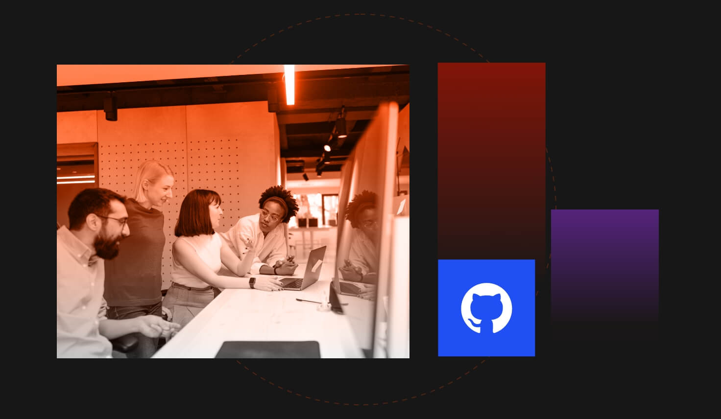 Collage of employees working together with colored boxes and github logo