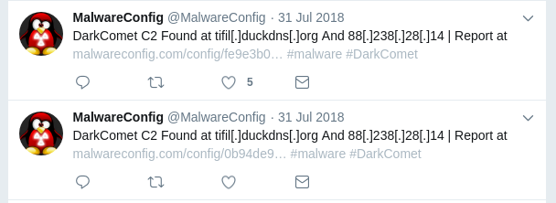 A screenshot of Twitter user @MalwareConfig’s feed